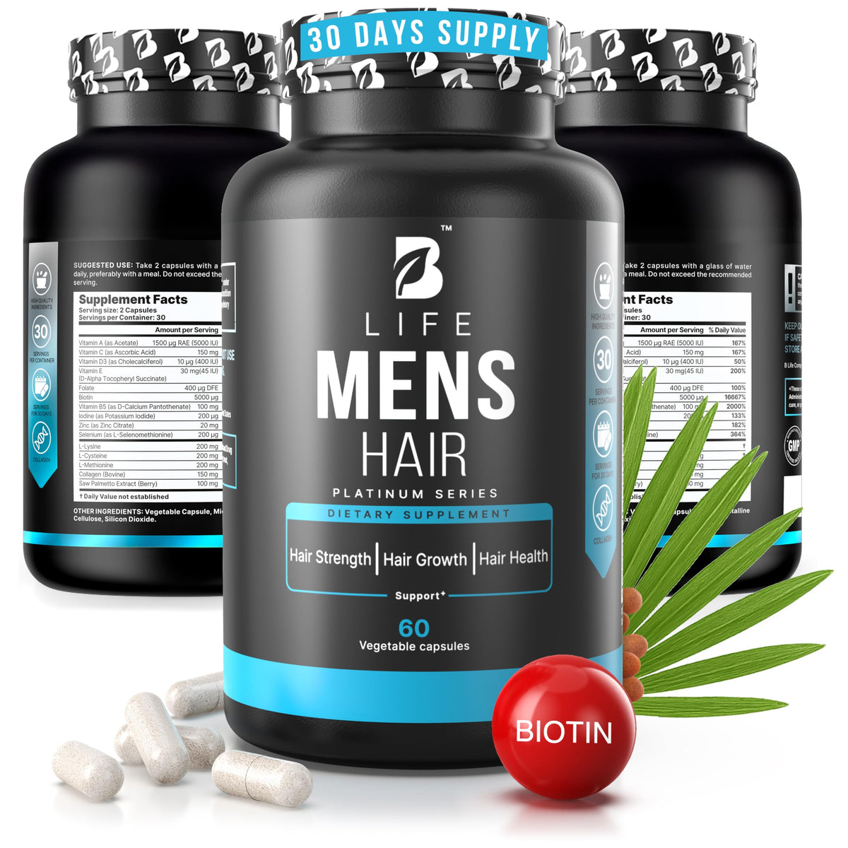 B Life Company men’s hair growth bottle with capsules suggesting thicker hair support