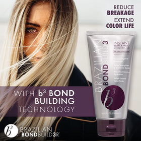 Application scene with B3 Instant Restore bottle on damp hair for softness.