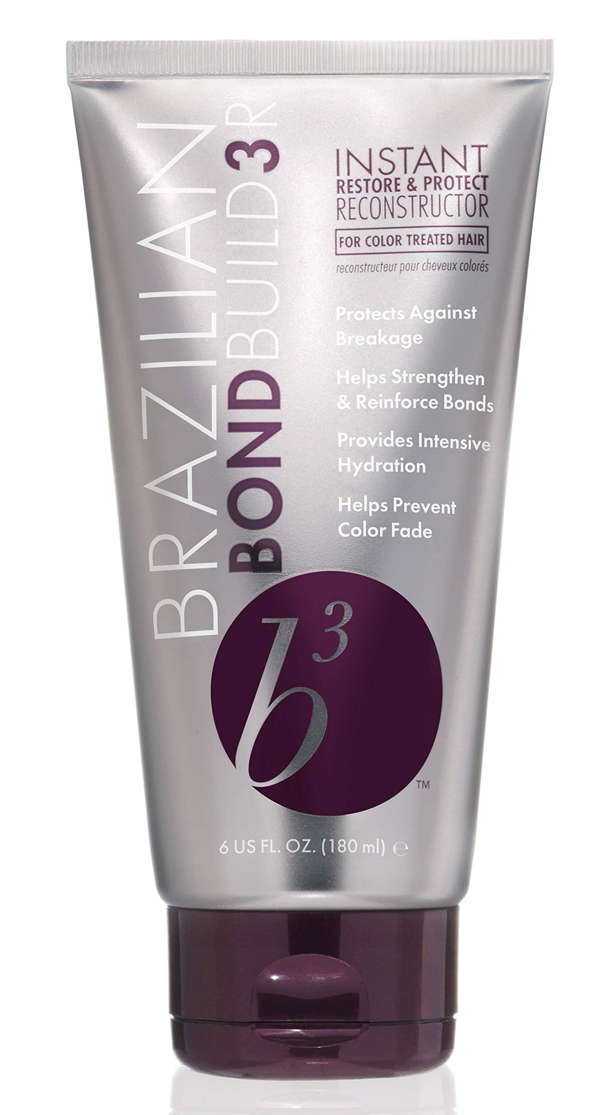 B3 Brazilian BondBuilder Instant Restore bottle shows reparative formula for color-treated hair.