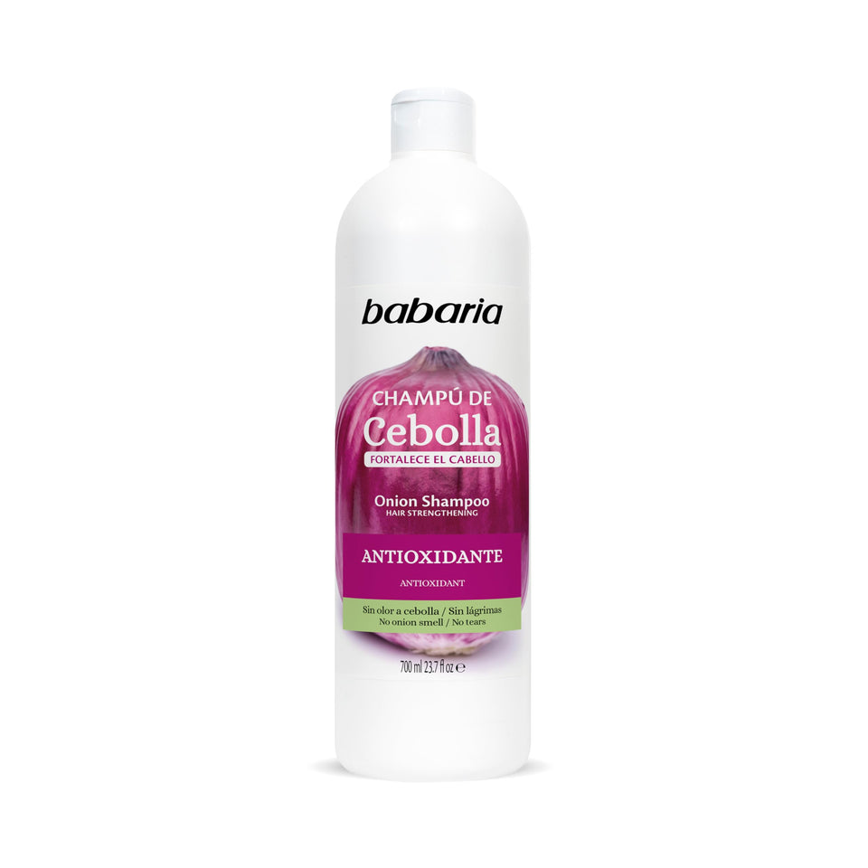 Babaria Onion Shampoo bottle with color-protecting formula for vibrant hair color.