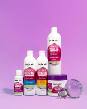 Babaria Onion Shampoo hair-after image suggests smooth, healthy-looking strands.