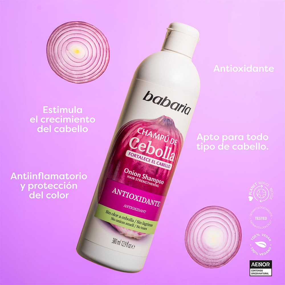 Babaria Onion Shampoo label close-up highlighting onion extract for nourishing care.