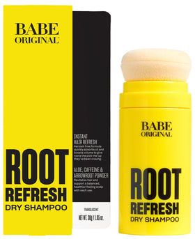 BABE ORIGINAL Root Refresh bottle applying to roots for quick, oil-free volume.