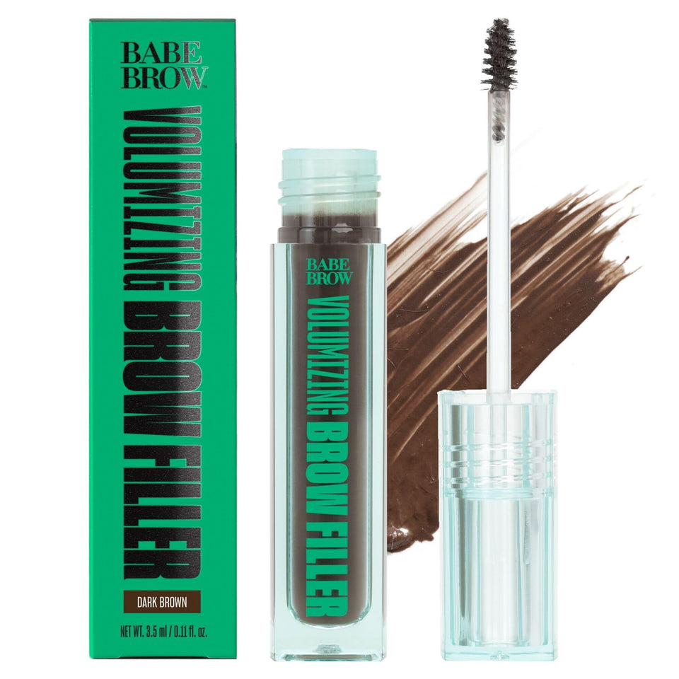 Babe Original Volumizing Brow Filler in Dark Brown, close-up of the tube showing rich color.
