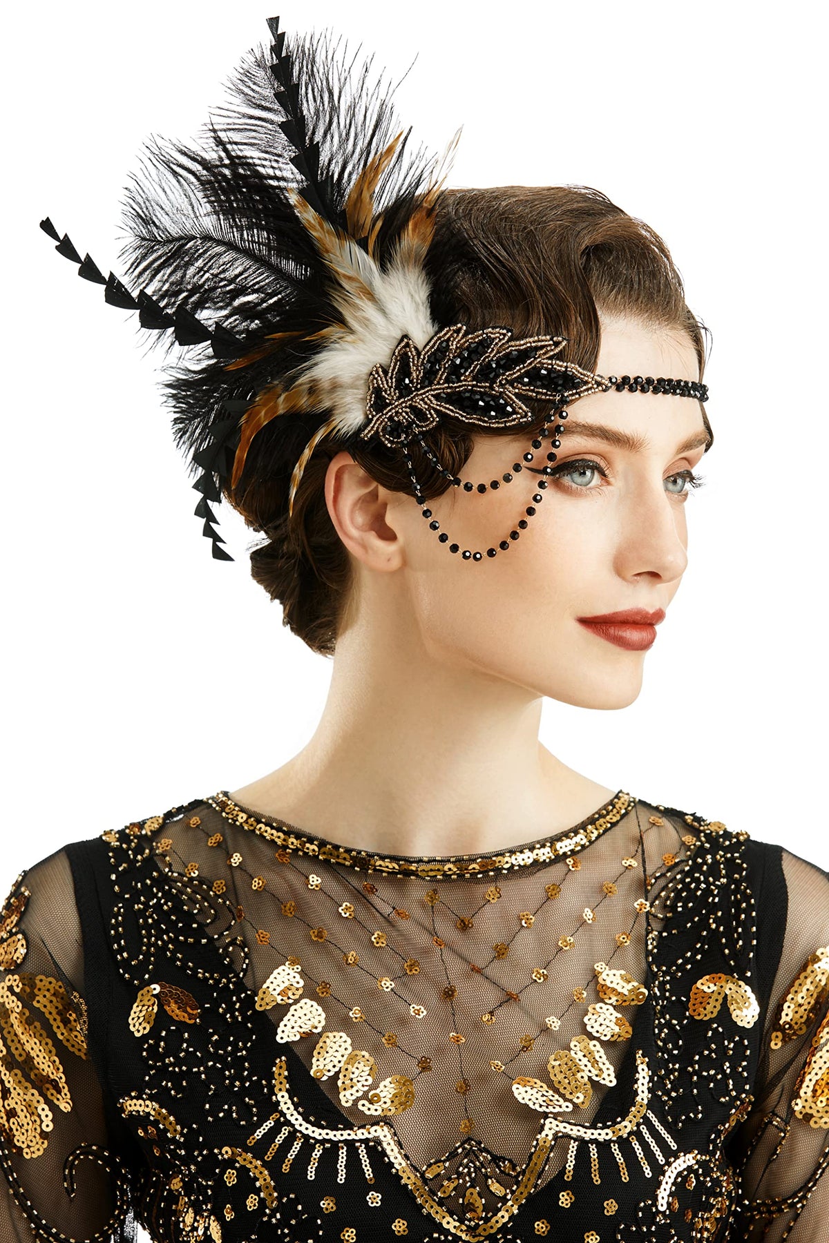 BABEYOND flapper headband with feather and bead accents elevates vintage party glamour.