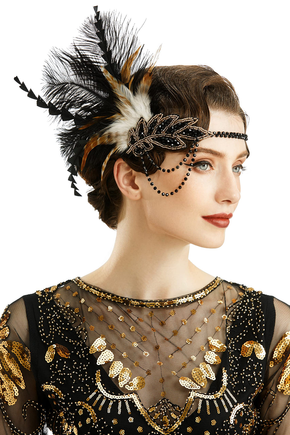 BABEYOND flapper headband with feather and bead accents elevates vintage party glamour.