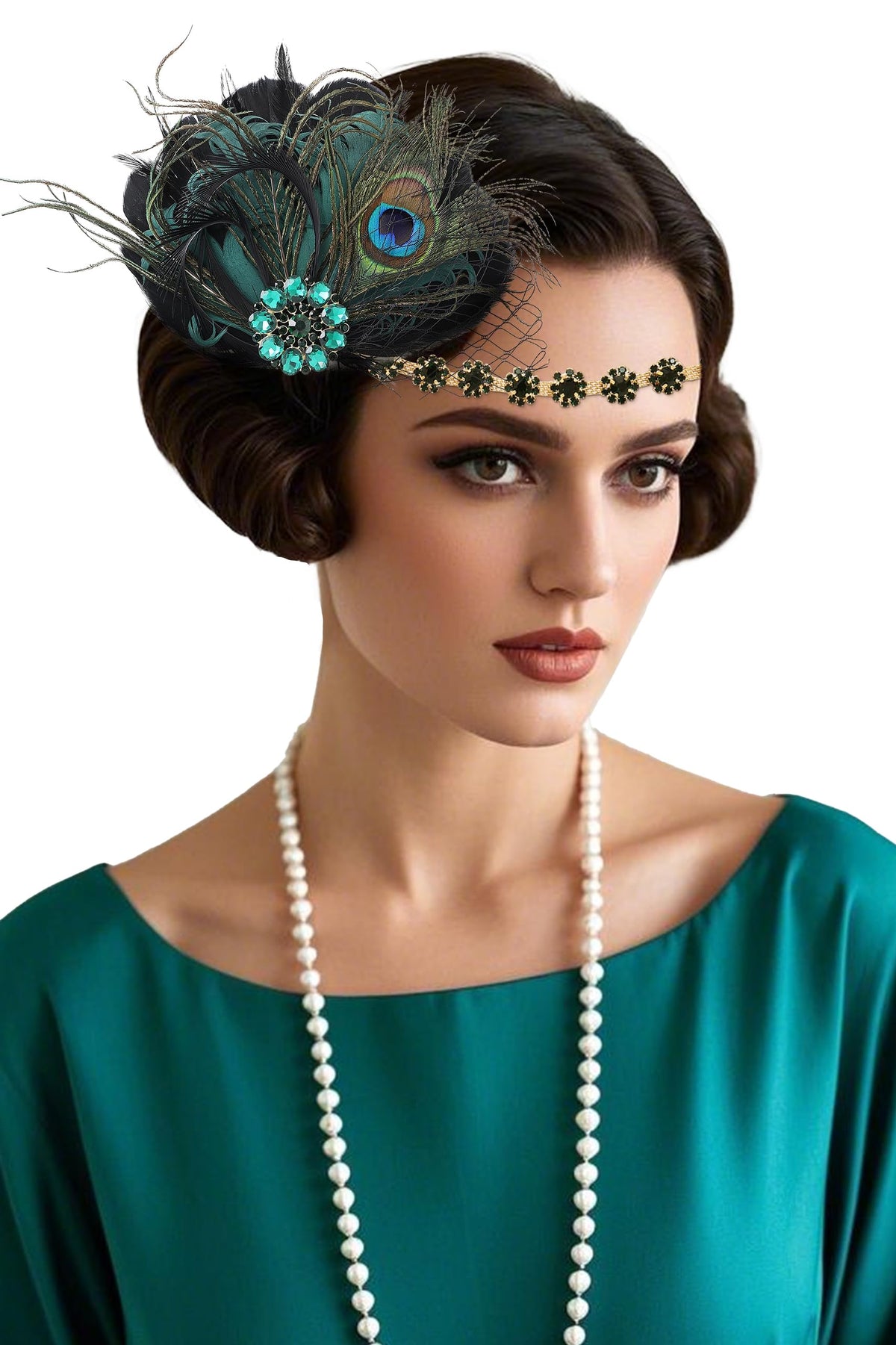 BABEYOND flapper headpiece with rhinestone and feather for Gatsby-inspired party glamour