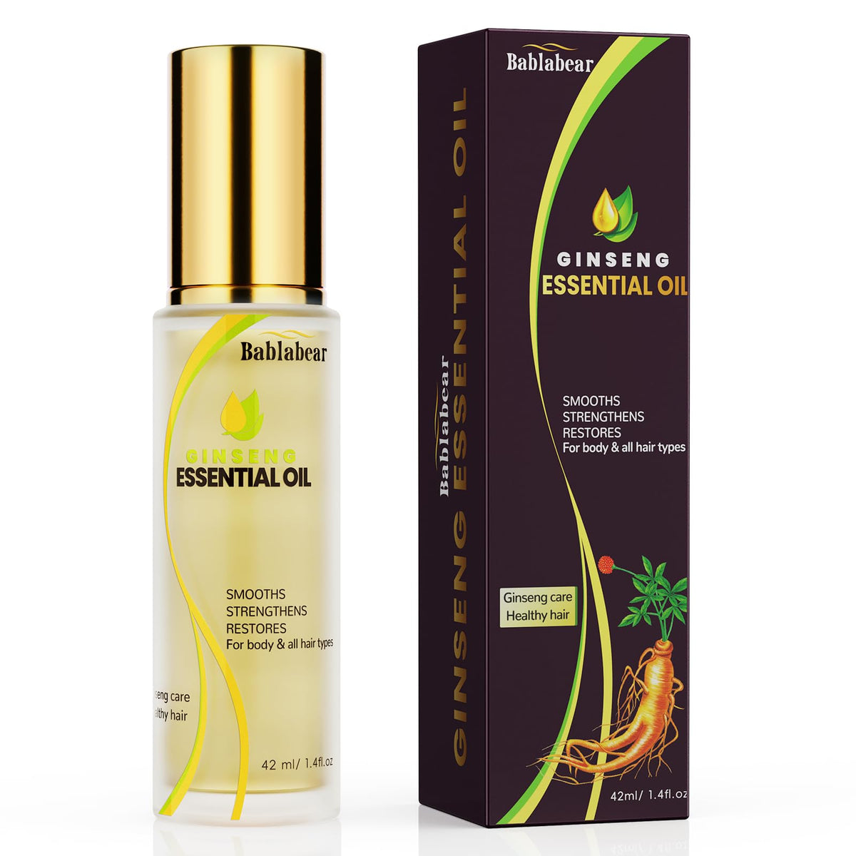 Bablabear Hair Oil bottle closeup showing premium shine and frizz control potential.