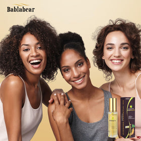 Bablabear Hair Oil ingredient panel highlights ginseng, macadamia, argan.