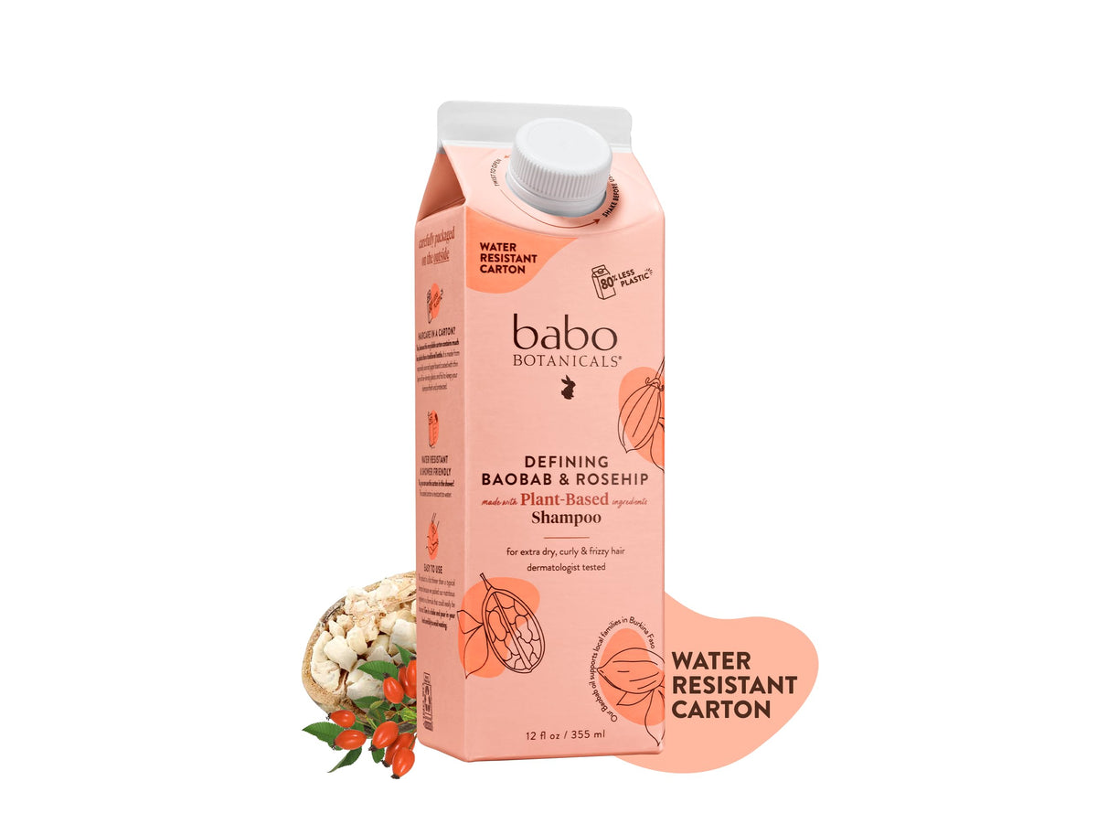 Babo Botanicals Defining Baobab & Rosehip Shampoo bottle smooths dry curls