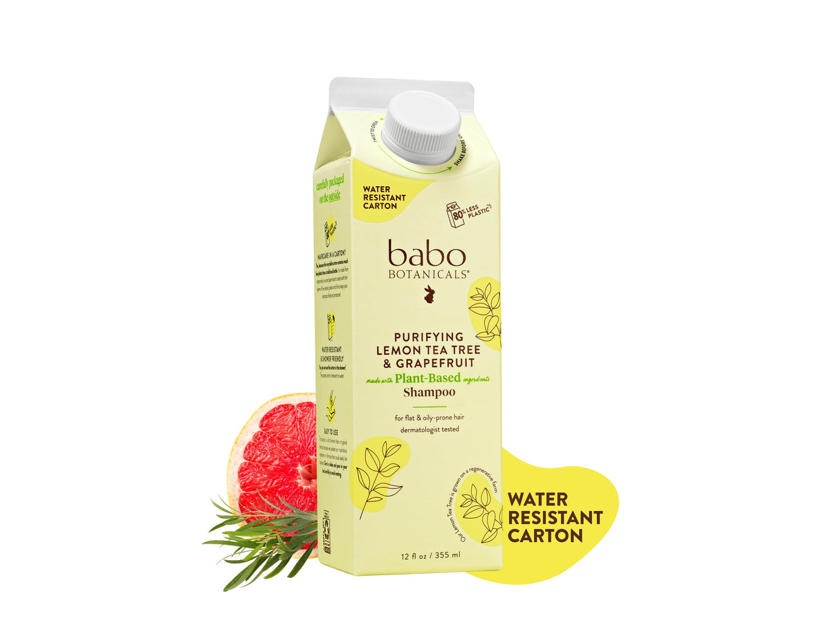 Babo Botanicals Purifying Shampoo bottle highlights lemon tea tree and grapefruit scent for a refreshing cleanse.