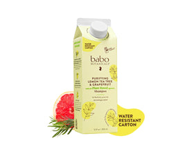 Babo Botanicals Purifying Shampoo bottle highlights lemon tea tree and grapefruit scent for a refreshing cleanse.