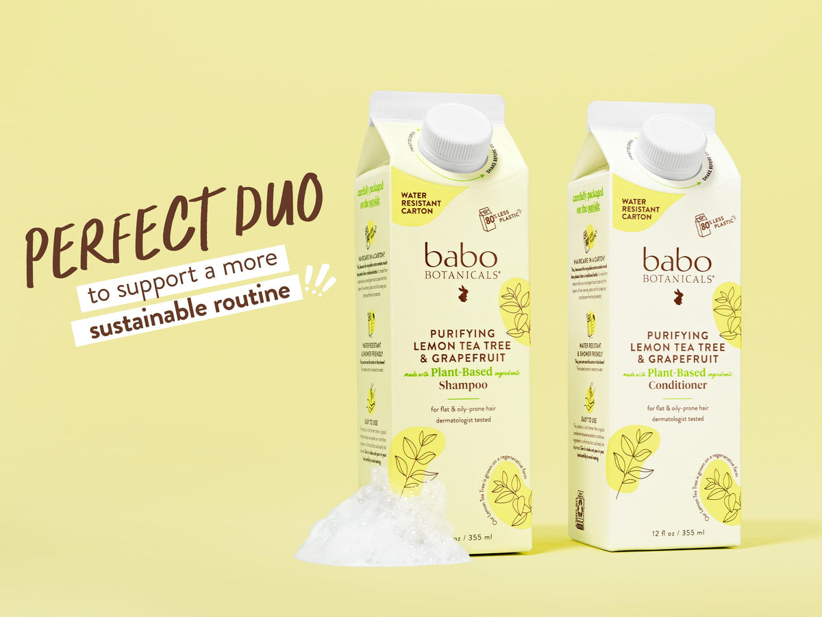 Babo Botanicals Purifying Shampoo eco carton highlights 80% less plastic.