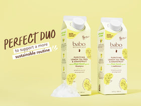 Babo Botanicals Purifying Shampoo eco carton highlights 80% less plastic.