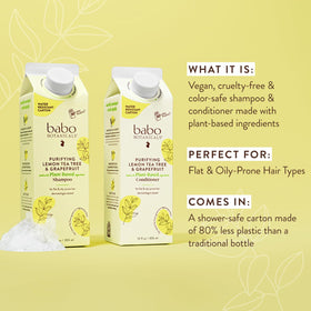 Babo Botanicals Purifying Shampoo pour demonstrates easy dosing from the water-resistant carton.