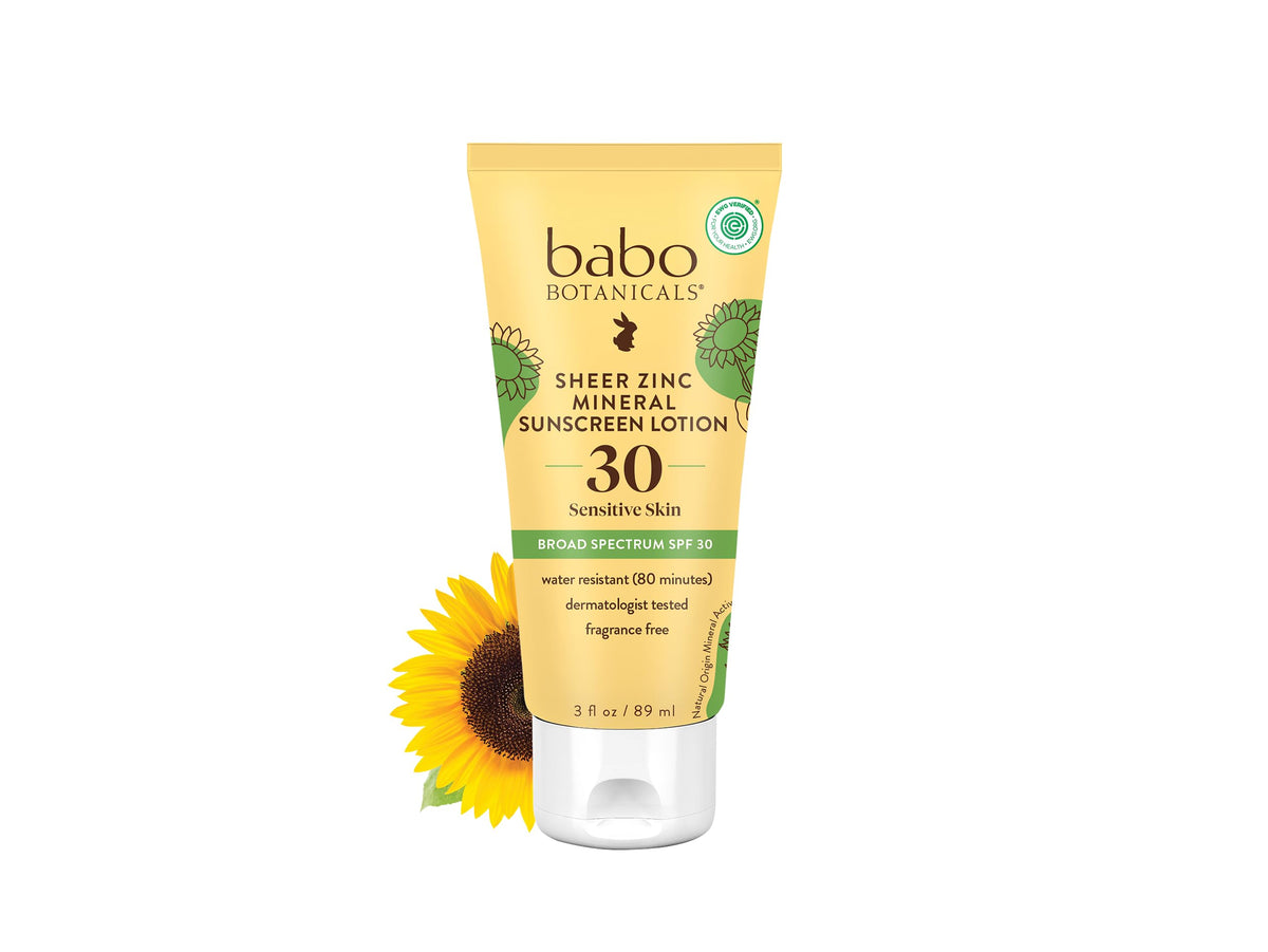 Babo Botanicals Sheer Zinc Sunscreen Lotion SPF30 bottle-pump delivers light, non-greasy protection.