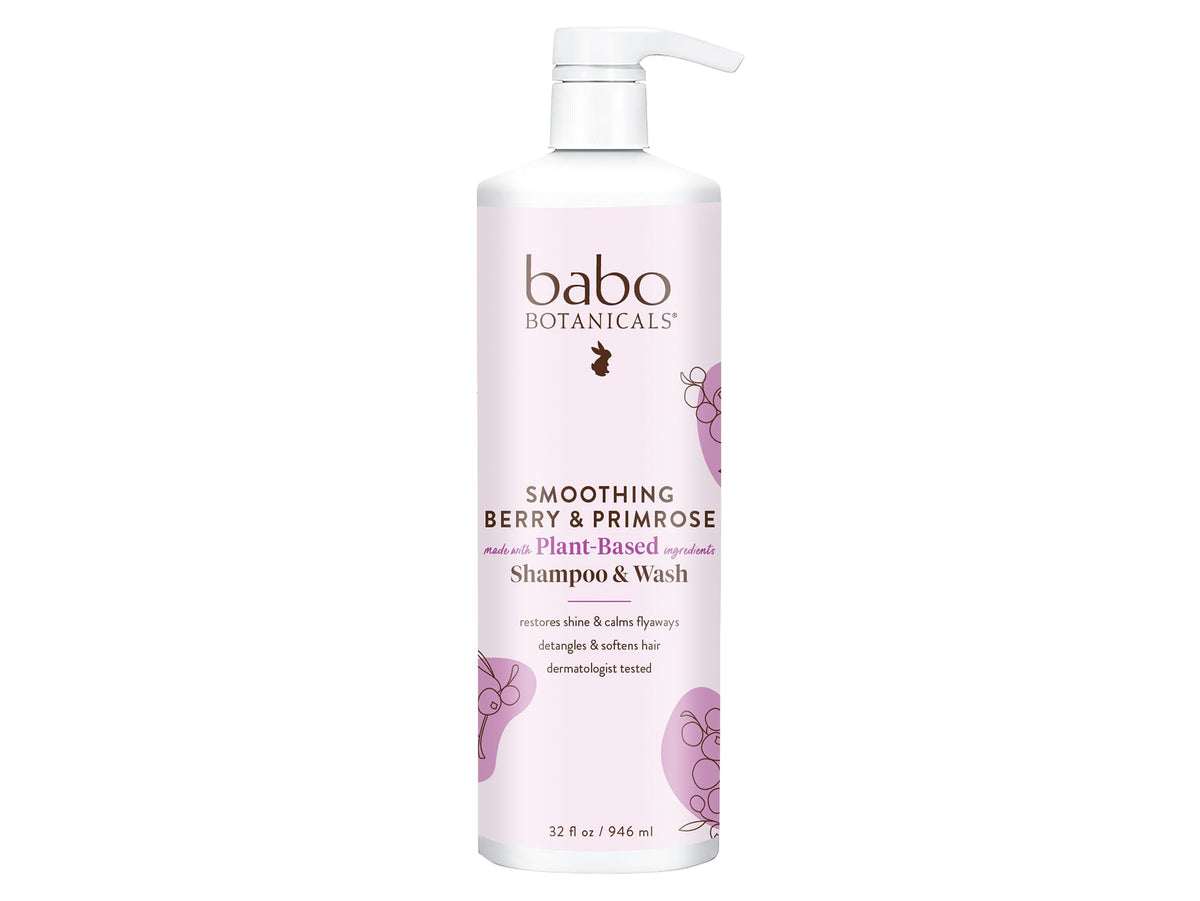 Babo Botanicals smoothing 2-in-1 bottle label emphasizes gentle cleansing for hair and skin