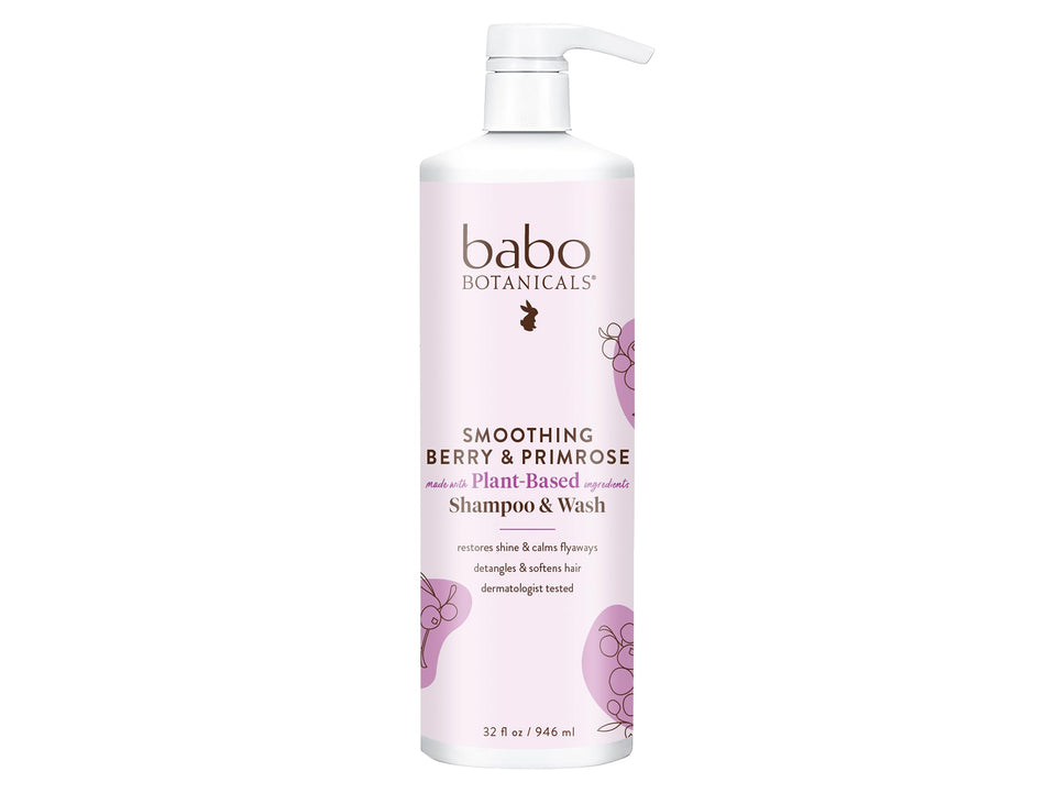Babo Botanicals smoothing 2-in-1 bottle label emphasizes gentle cleansing for hair and skin