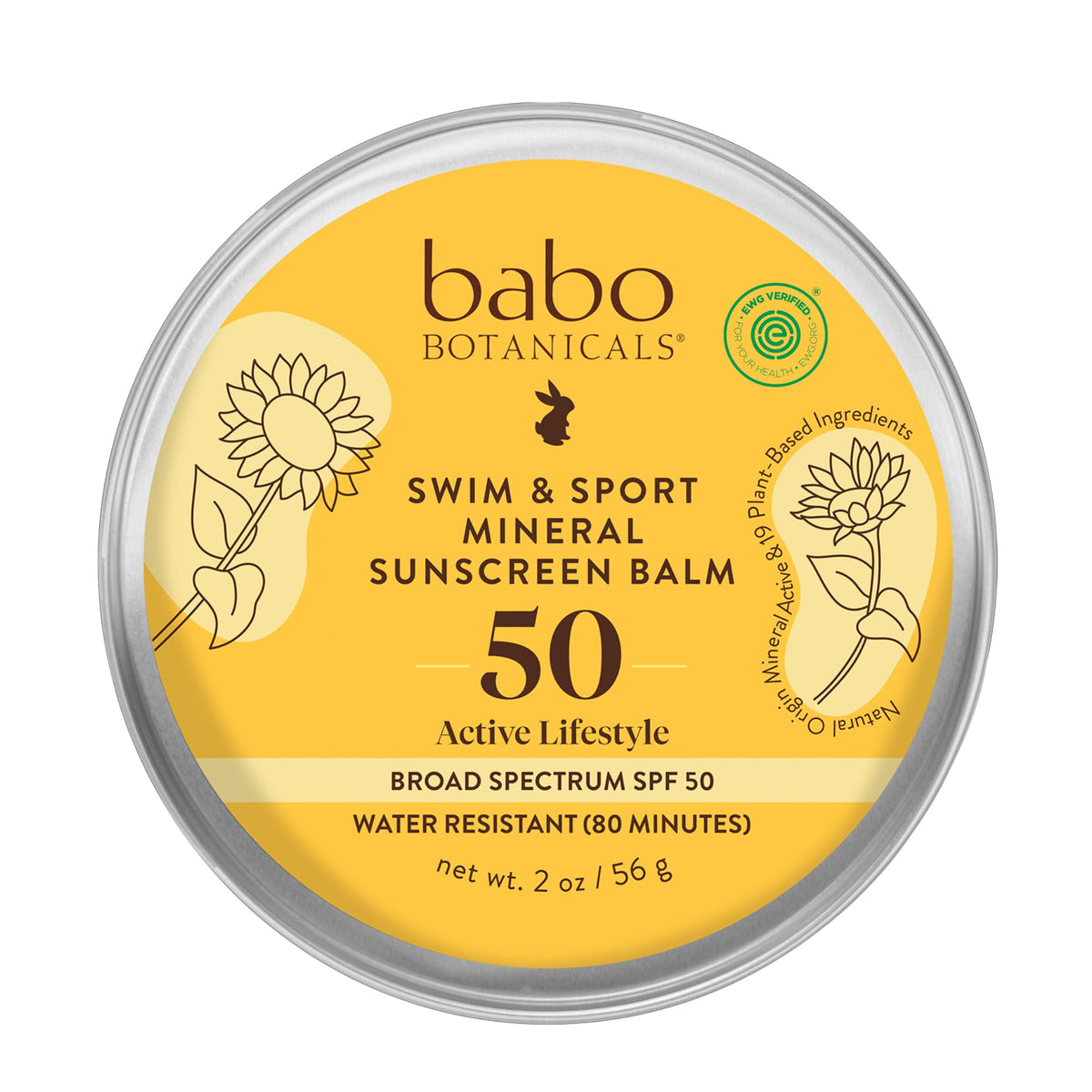 Babo Botanicals Swim & Sport Balm SPF50—twist-top design for easy on-the-go sun protection.