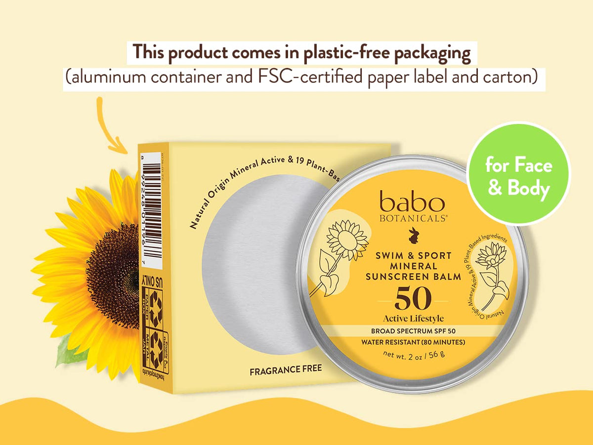 Babo Botanicals Swim & Sport Balm SPF50—texture close-up shows creamy, non-greasy coverage.