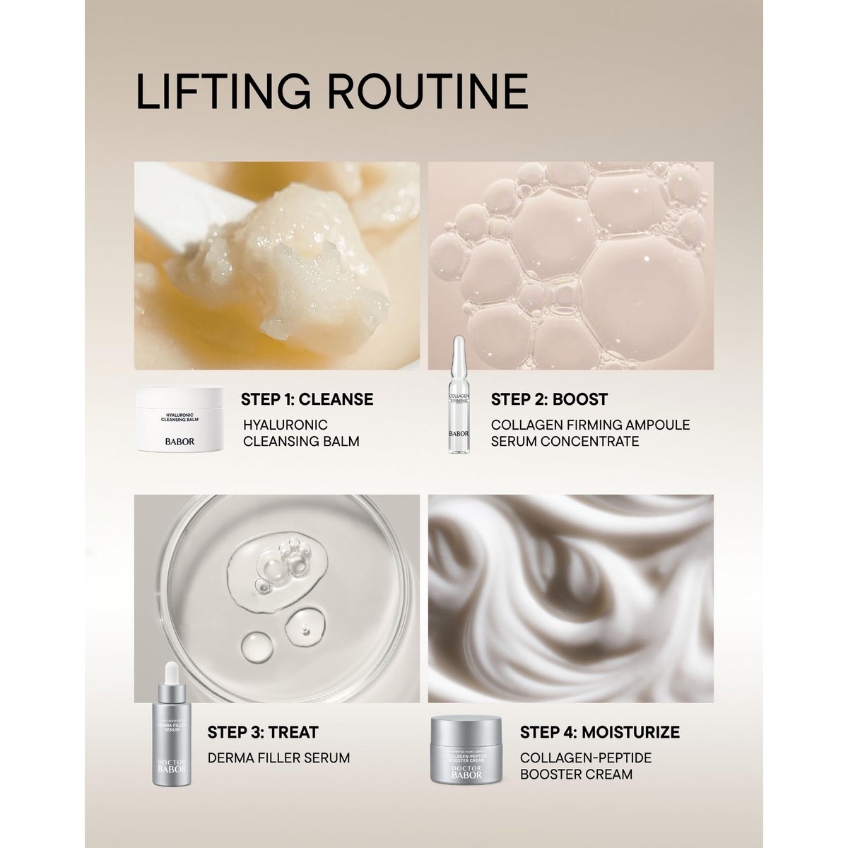 Babor Collagen Firming Ampoule Serum application scene conveys a quick daily routine.