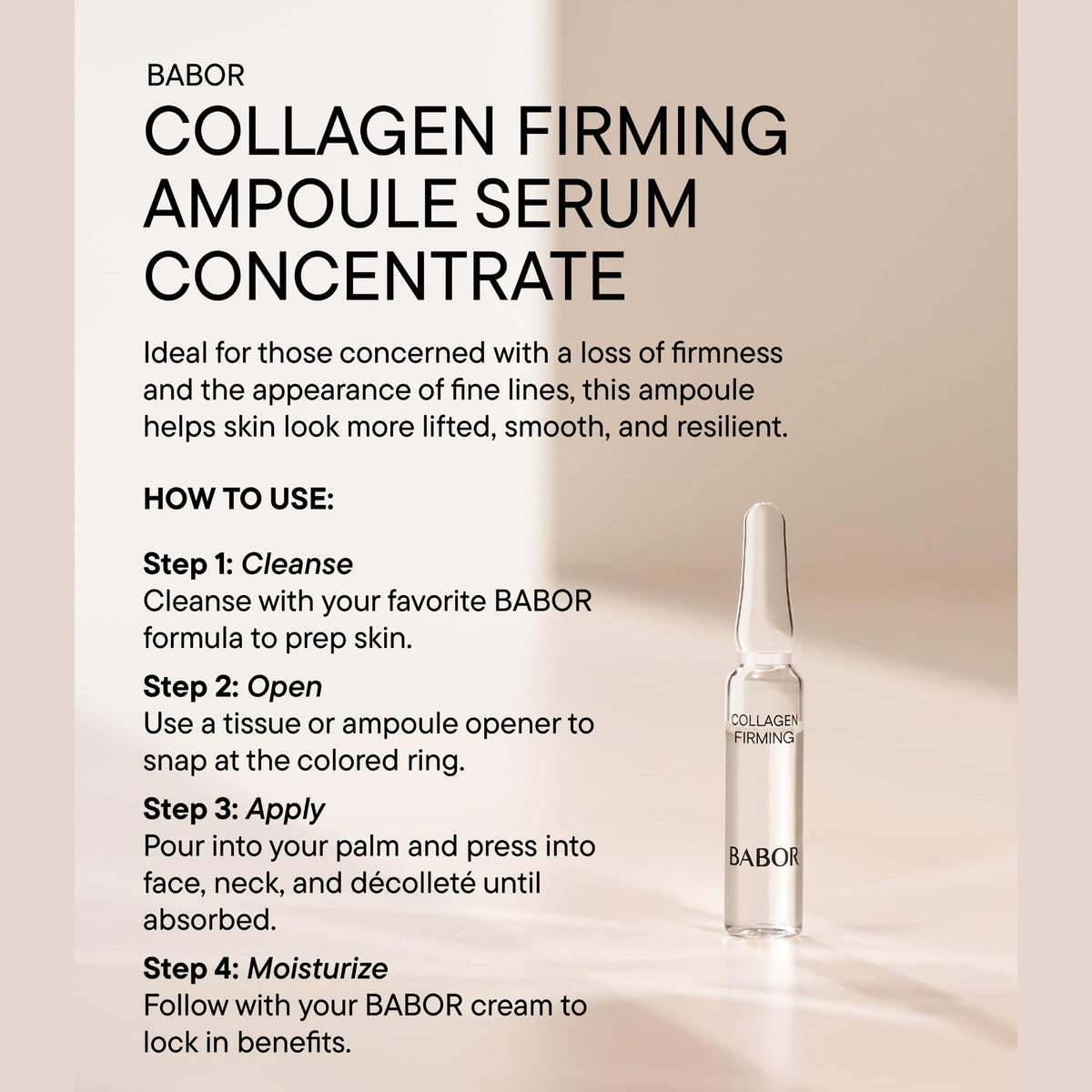 Babor Collagen Firming Ampoule Serum hydration closeup shows moisture for refreshed skin.