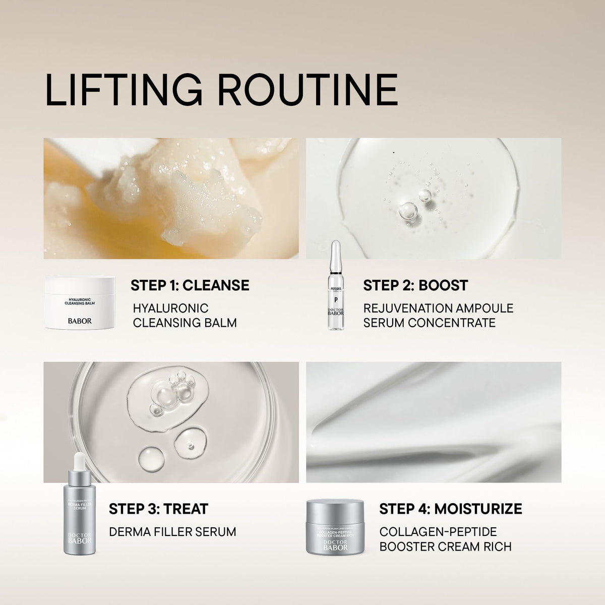 BABOR Doctor Collagen Cream Rich ingredients label highlights hyaluronic acid and squalane for hydration.