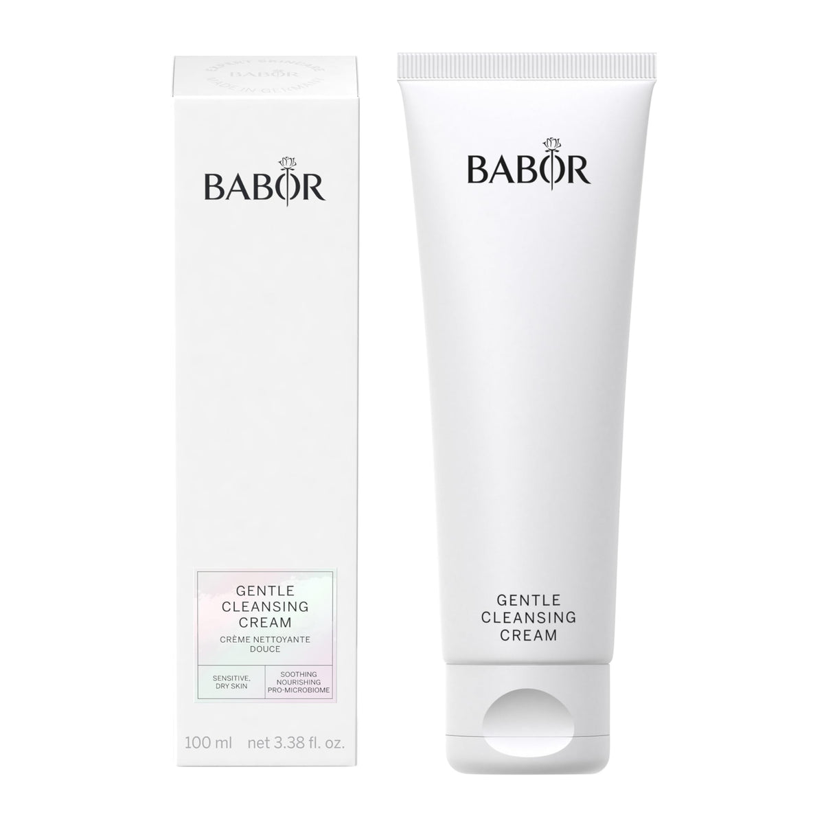 BABOR Gentle Cleansing Cream bottle close-up showing creamy texture for sensitive skin cleansing.