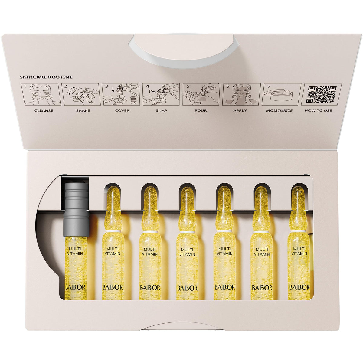 BABOR seven-treatment ampoule pack shown for a compact weekly skincare routine