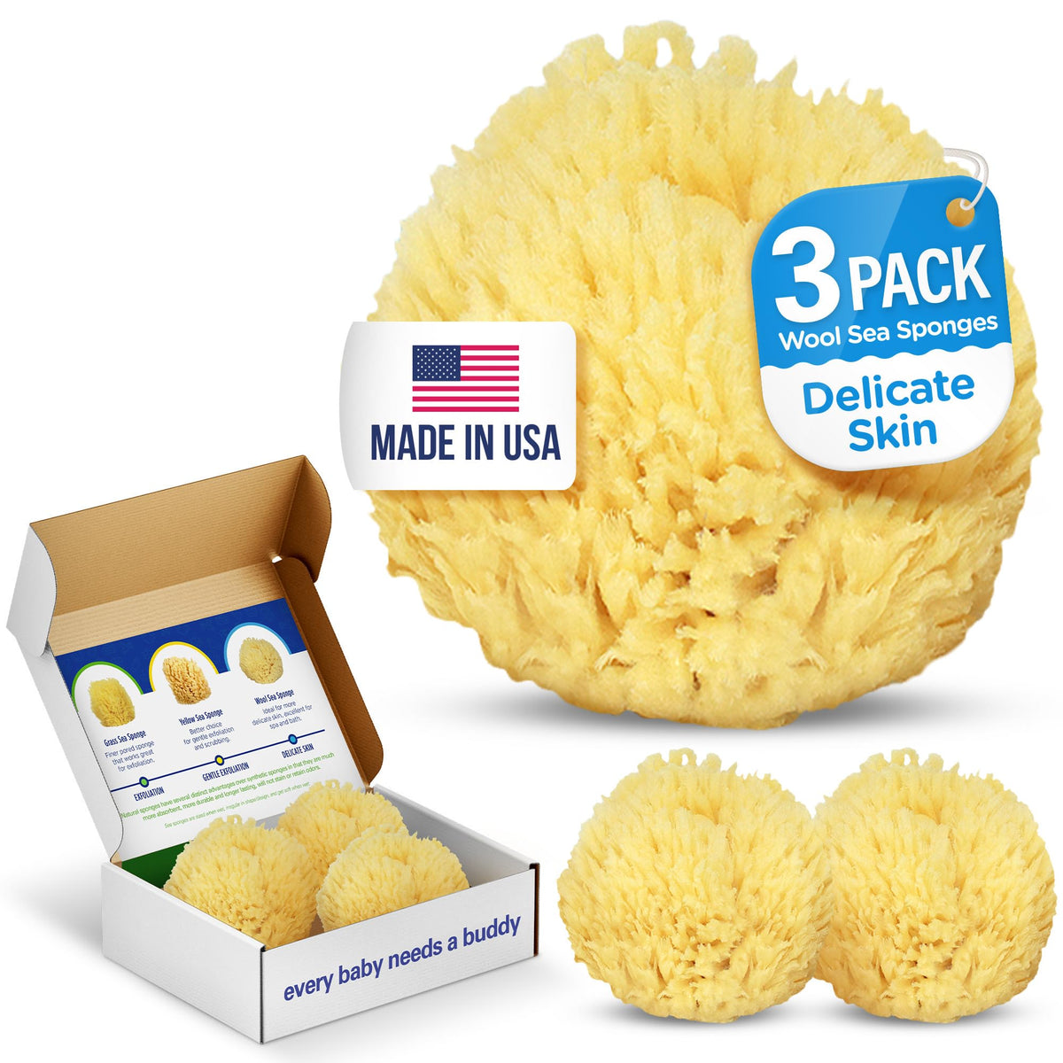 Baby Buddy natural bath sponge close-up shows ultra-soft sea wool for delicate skin.