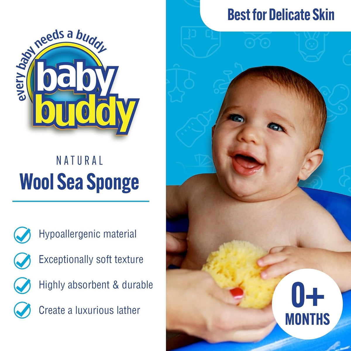 Baby Buddy sea wool sponge soaking with gentle lather and baby wash.