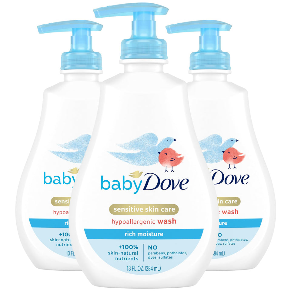 Baby Dove Rich Moisture body wash bottle front shows gentle formula for sensitive skin.
