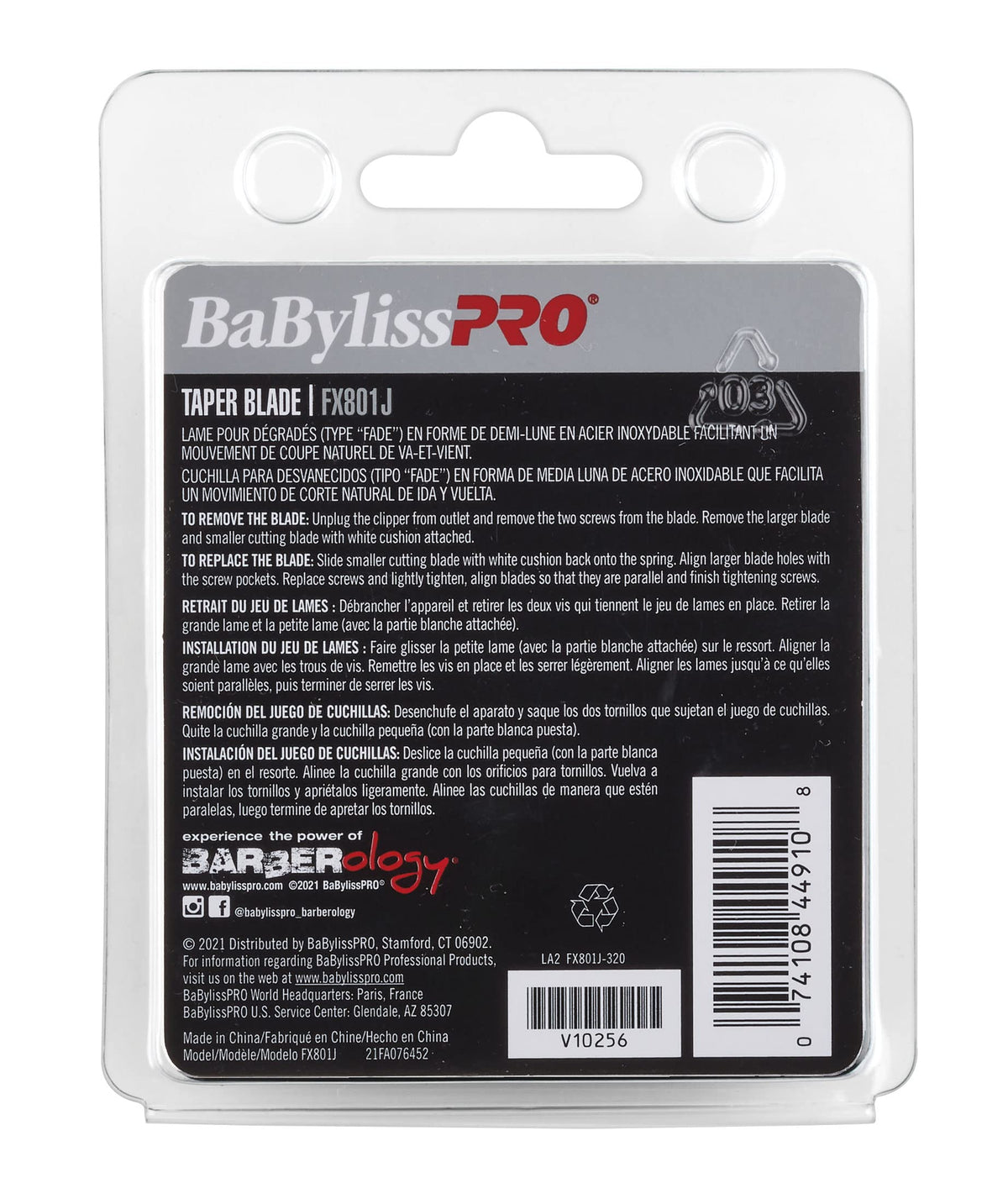 BaBylissPRO Barberology stainless steel taper blade handheld view highlighting corrosion resistance