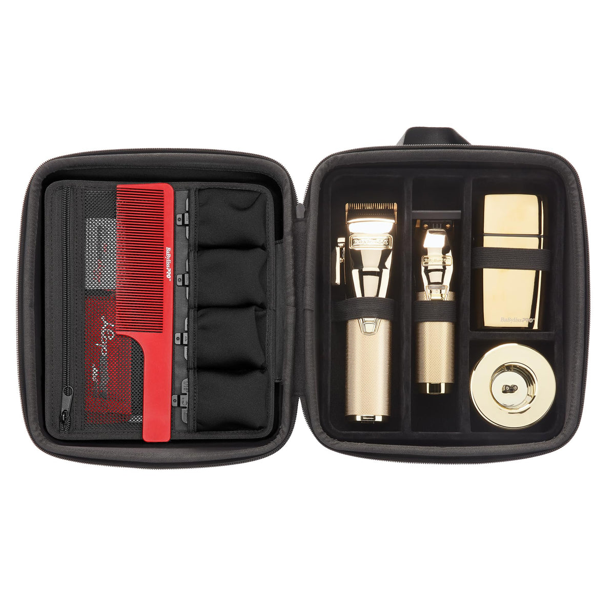 BaBylissPRO Barberology travel case uses elastic bands to secure tools.