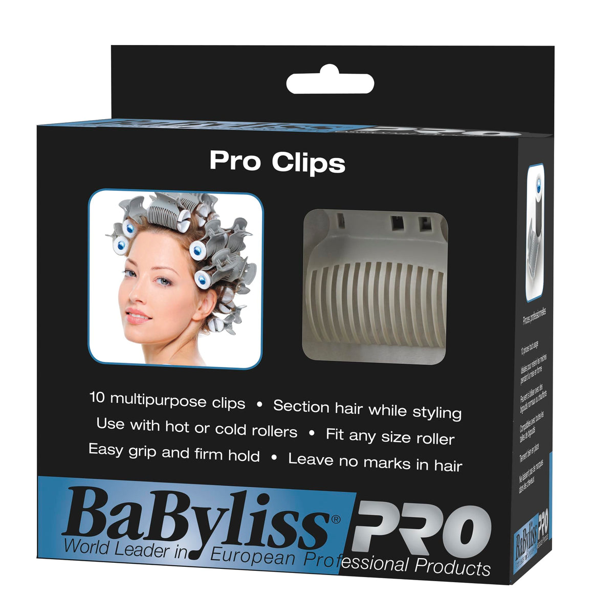 BaBylissPRO clips for rollers securely hold sections during styling without leaving marks.
