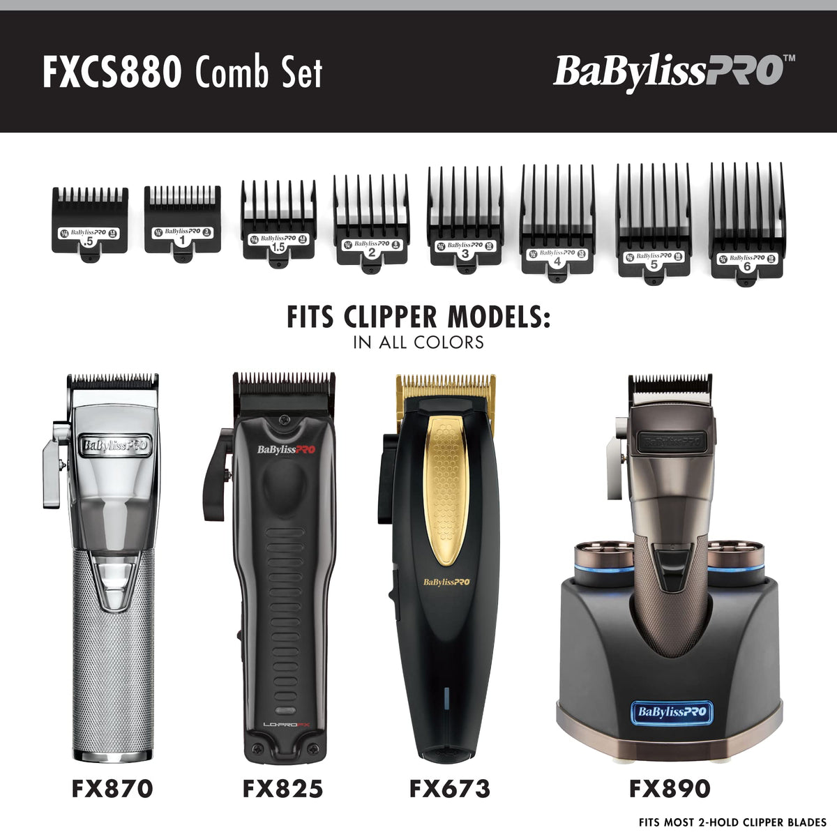 BaBylissPRO comb set compatible with FX673, FX650, and FX880 for versatile clipping options.