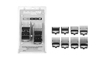 BaBylissPRO eight-attachment comb set for FX880 series enables precise fade control.