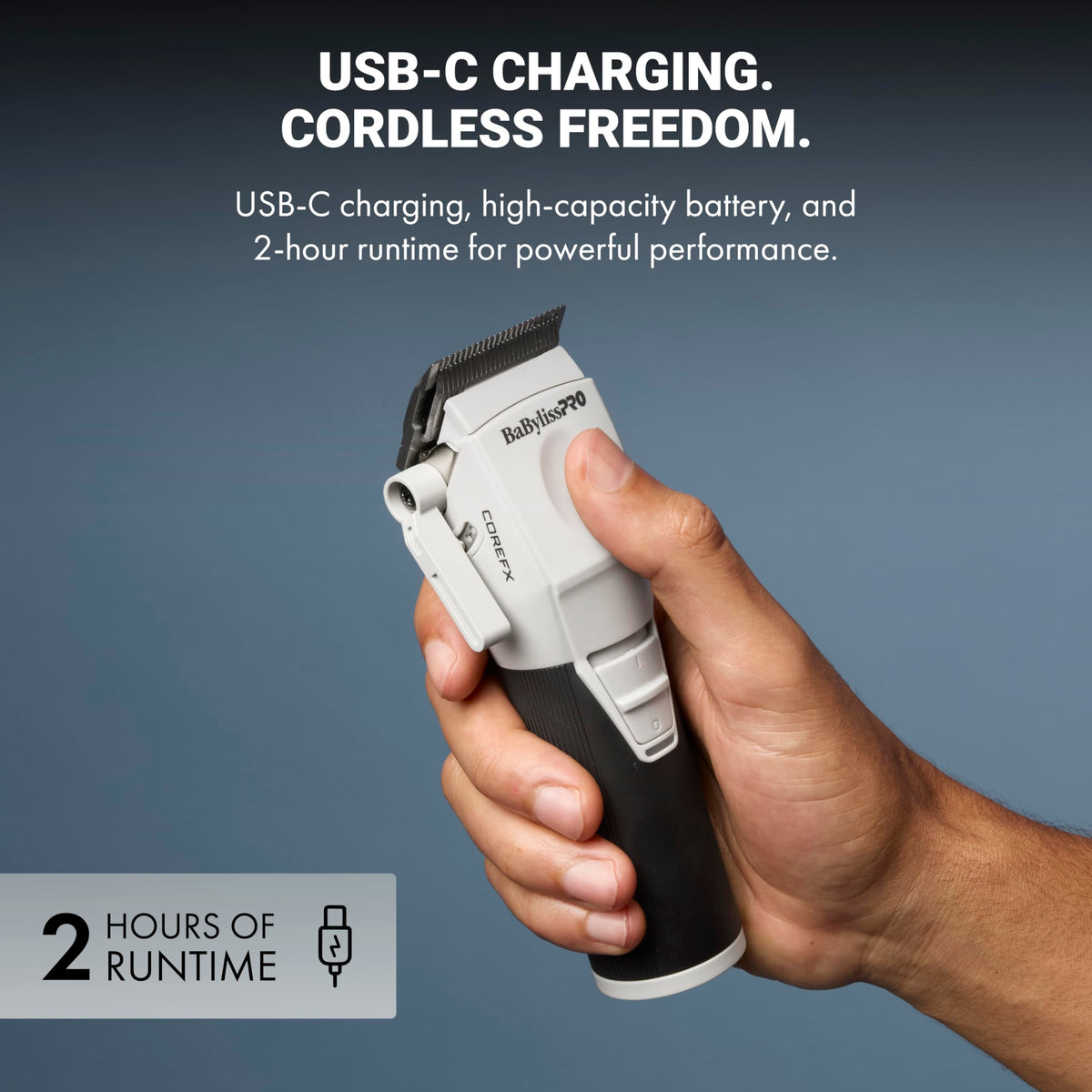BaBylissPRO COREFX in-use clipper on table shows practical at-salon or home use.