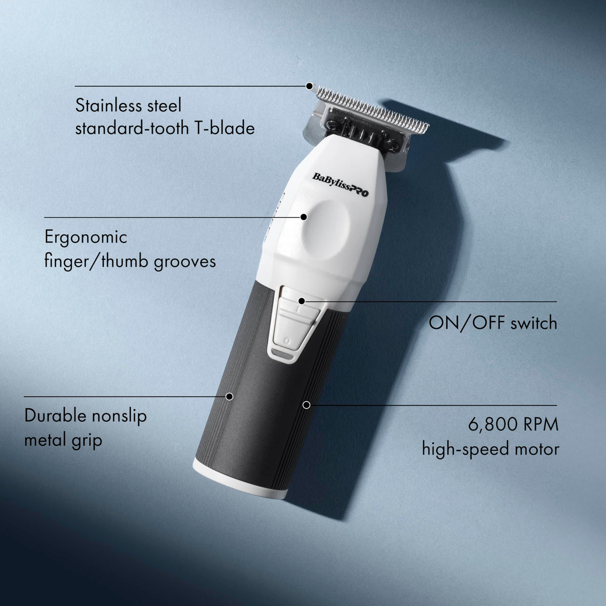BaBylissPRO CoreFX trimmer in use for detailing with ergonomic grip.