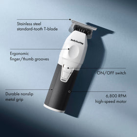 BaBylissPRO CoreFX trimmer in use for detailing with ergonomic grip.