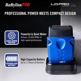 BaBylissPRO deep-tooth T-blade detail on the compact trimmer for precise edge control.