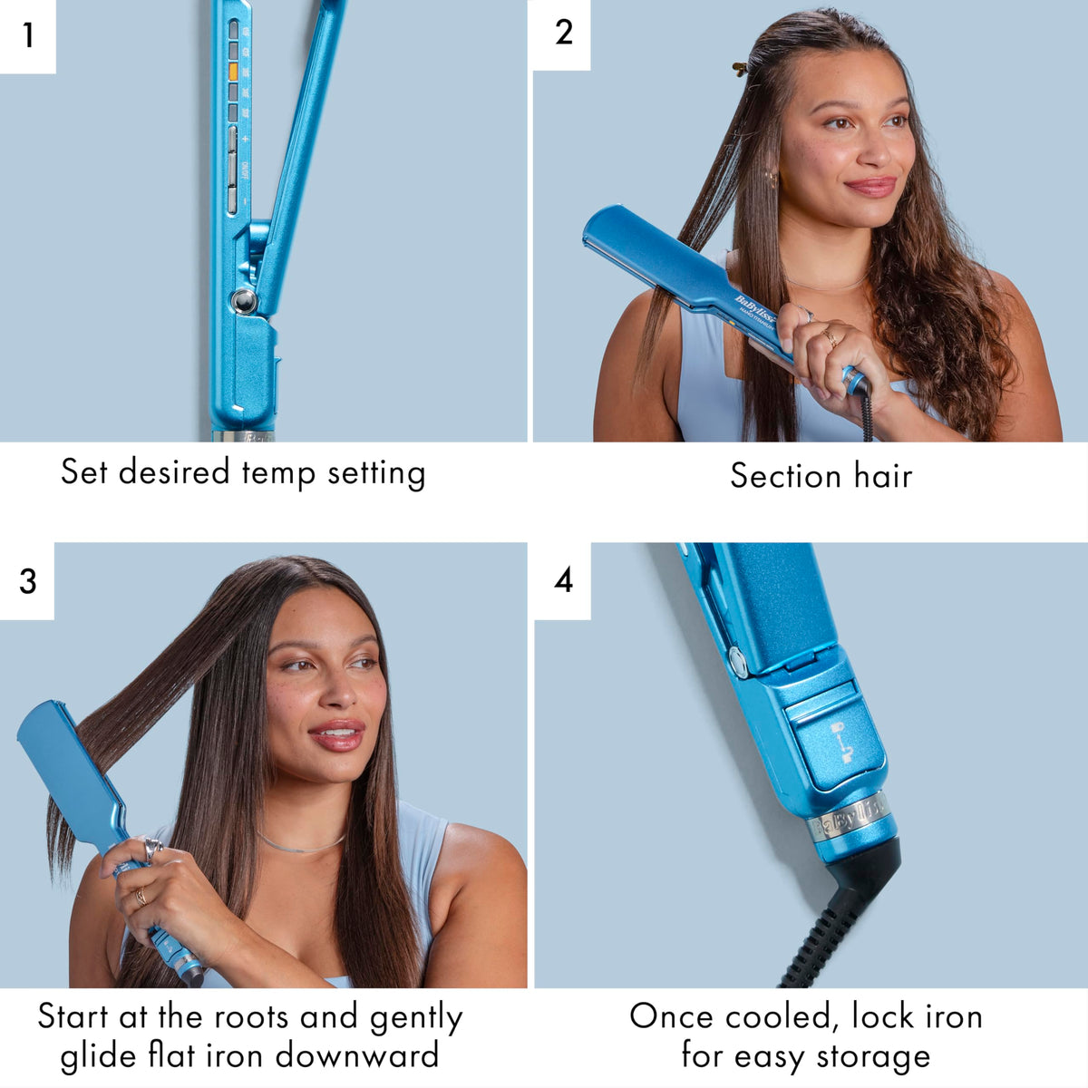 BaBylissPRO flat iron with extended five-inch plates for quicker passes.
