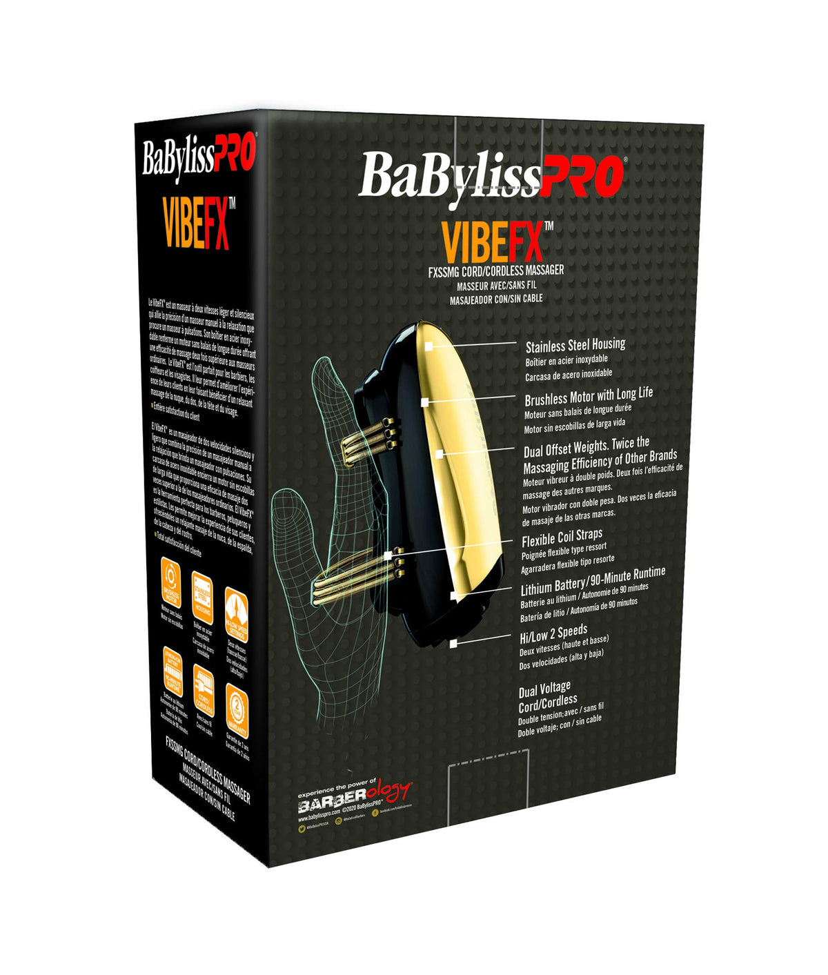 BaBylissPRO GoldFX massager with stainless housing emphasizes durability and easy cleaning.