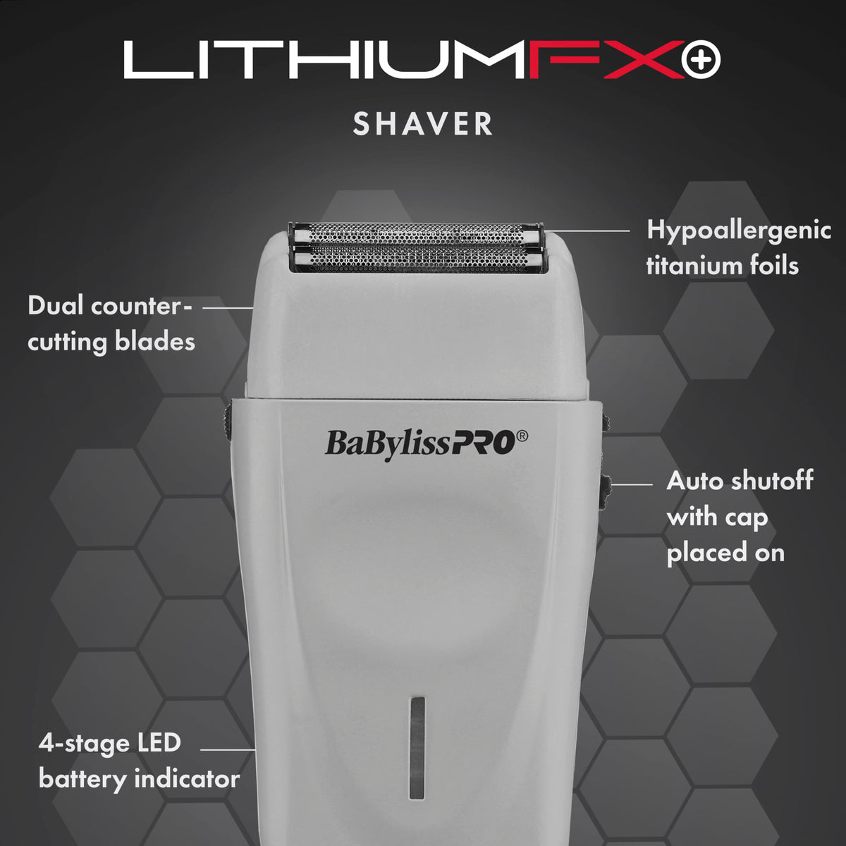 BaBylissPRO LithiumFX foil detail highlighting hypoallergenic black titanium foils.