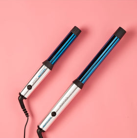 BaBylissPRO Nano Titanium wand shows digital heat settings for versatile styling.