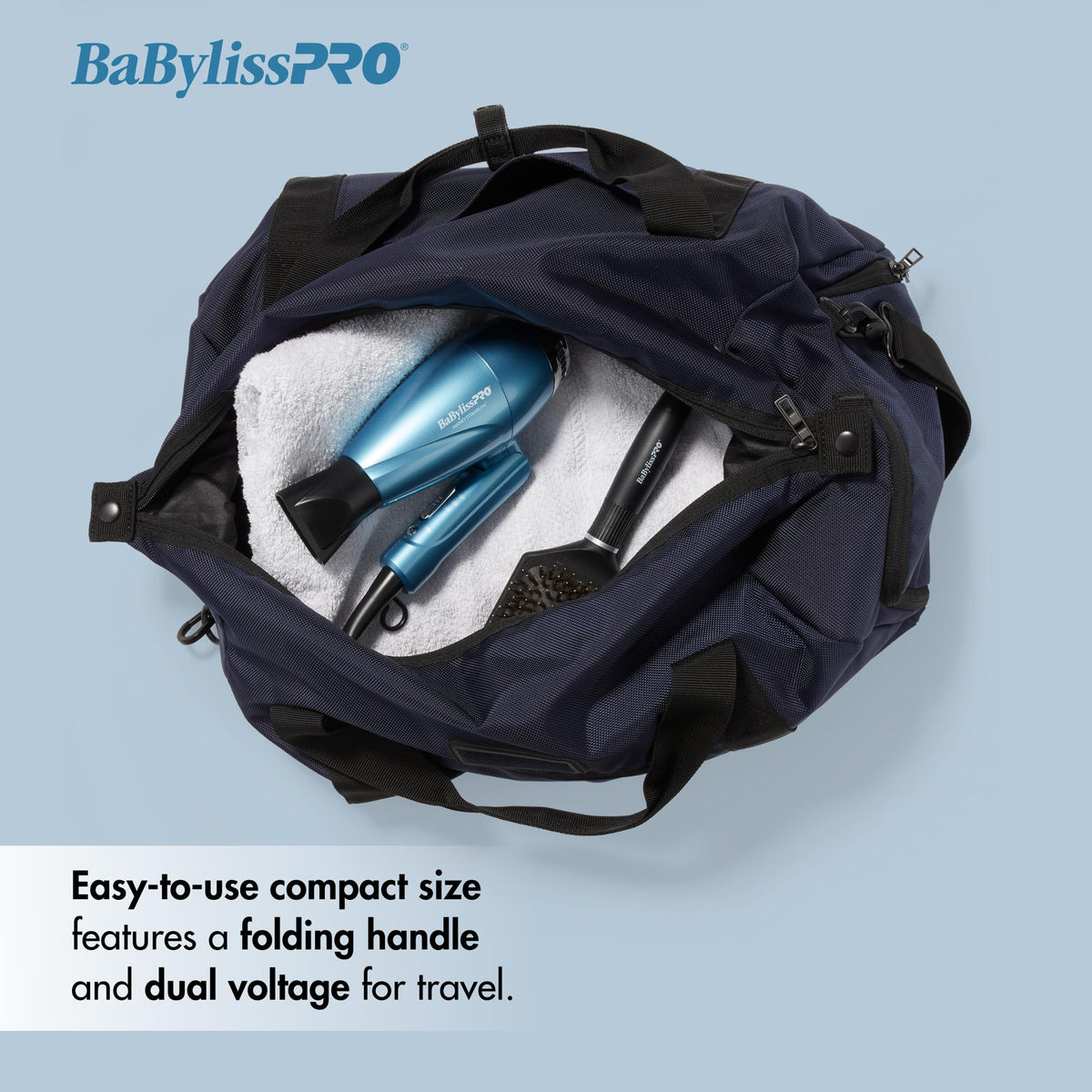 BaBylissPRO Nano Titanium Compact Folding Dryer, folded handle, ideal for travel storage