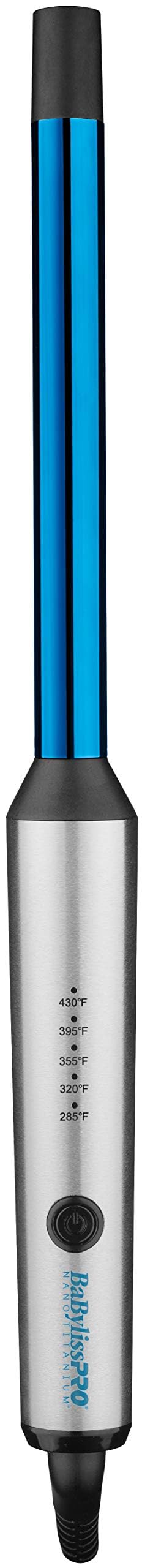 BaBylissPRO Nano Titanium Curling Wand with blue barrel for even heat and shine.