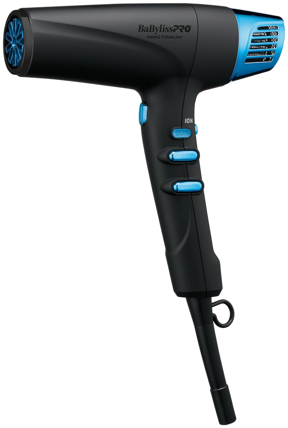 BaBylissPRO Nano Titanium hair dryer front view highlights lightweight power for fast, smooth drying