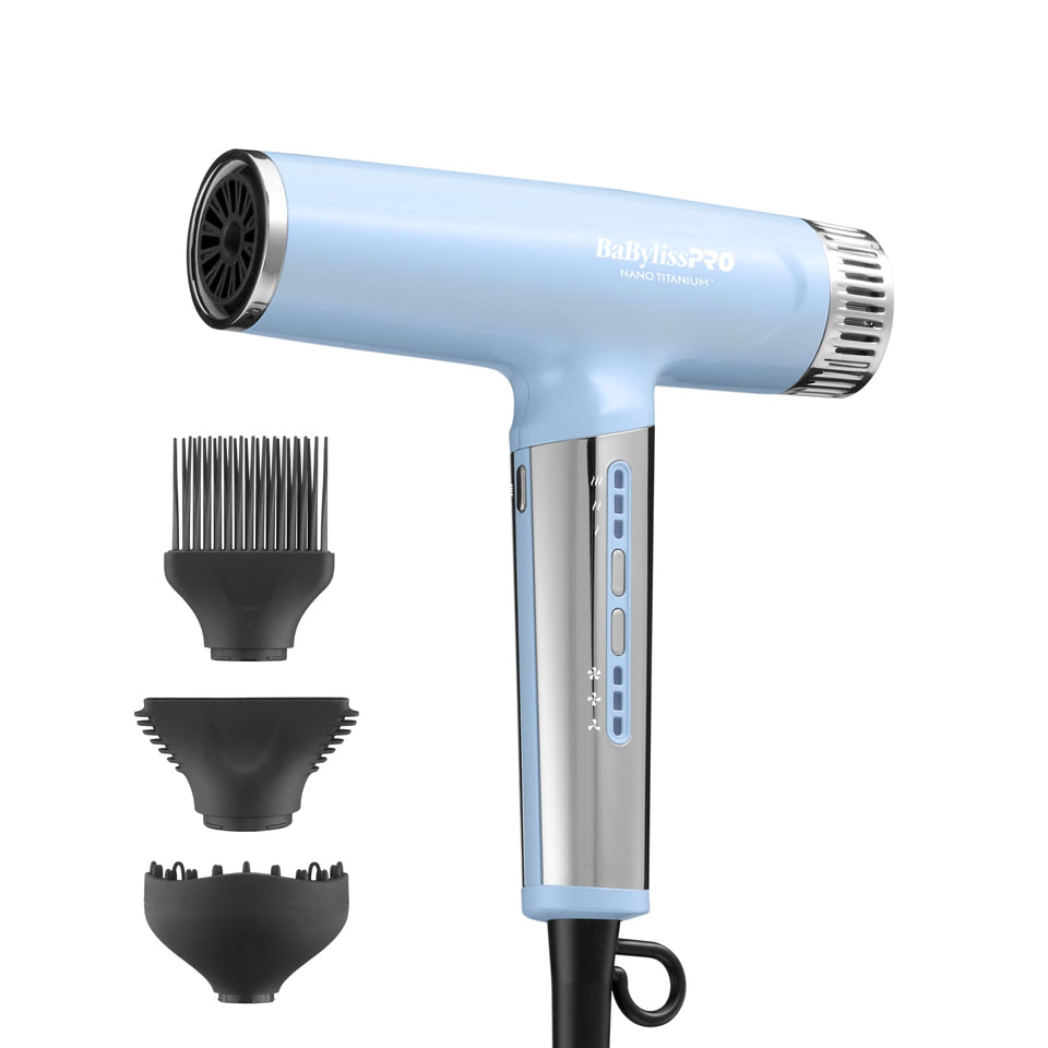 BaBylissPRO Nano Titanium hair dryer with diffuser for controlled, frizz-reducing airflow.