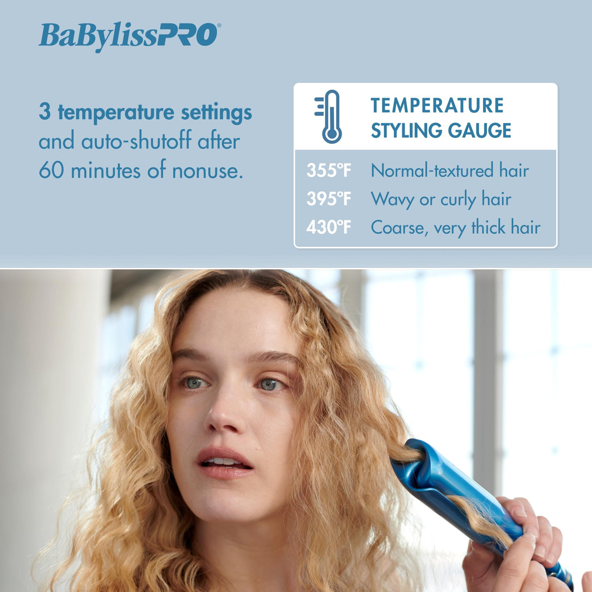 BaBylissPRO Nano Titanium Waver shown with LED temperature control for precise styling.